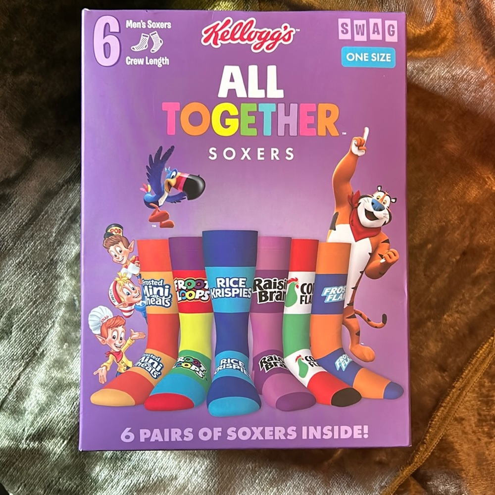Swag Kellogg's All Together Men's crew length socks 6 pairs Size 8-13 New In Box
